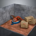 Red Winged Dragon Game Character With Fragile Handle With Care Boxes And Gray Walls