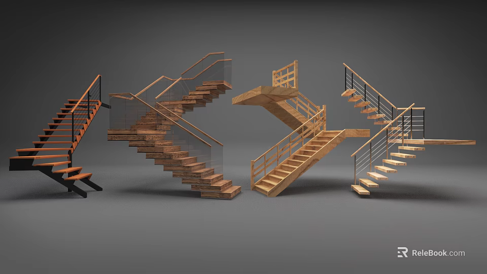 Various Modern Staircase Designs With Wooden Steps And Glass Railings 3d model 