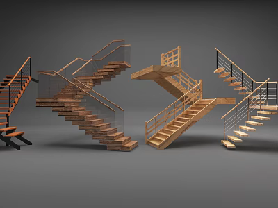 Various Modern Staircase Designs With Wooden Steps And Glass Railings 3d model