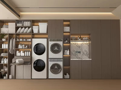Modern Laundry Room With Stacked Washing Machines Dryers And Storage Cabinets 3d model