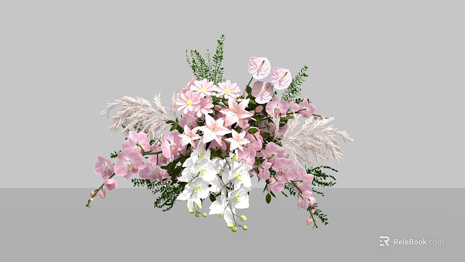 Elegant Floral Display With Pink And White Blooms Green Foliage And Feathery Accents 3d model 