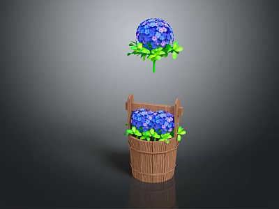 Cartoon Scene Featuring Blue Hydrangea Flowers In Wooden Bucket And Isolated Bloom 3d model