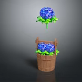Cartoon Scene Featuring Blue Hydrangea Flowers In Wooden Bucket And Isolated Bloom