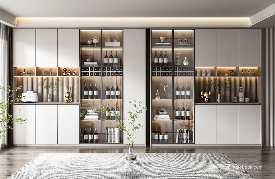 Modern Glass Door Wine Cabinet With Built in LED Lighting And Multiple Storage Shelves 3d model 