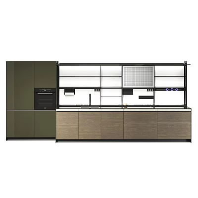 Modern Kitchen Cabinets With Wooden Lower Units And White Upper Shelves 3d model