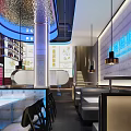 Modern Restaurant Interior Design With Open Kitchen Bar Seating And Stylish Lighting 3d model