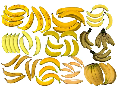 Various Types of Fresh Ripe Bananas Including Bunches and Single Pieces 3d model