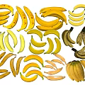 Various Types of Fresh Ripe Bananas Including Bunches and Single Pieces