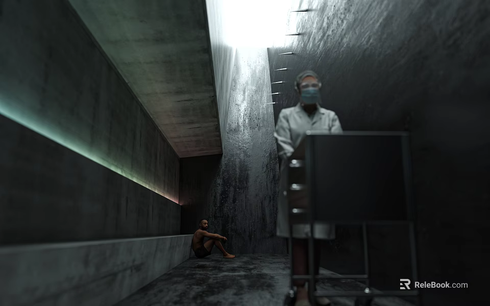 Industrial Factory Interior Corridor With Overhead Lighting Worker Pushing Cart And Seated Person In Corner 3d model 