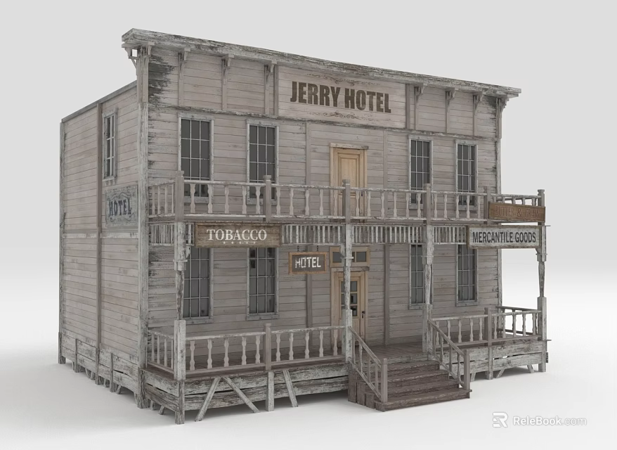 Jerry Hotel Old Western Style Wooden Building With Front Porch And Stairs 3d model 