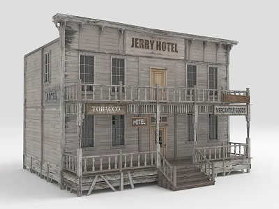 Jerry Hotel Old Western Style Wooden Building With Front Porch And Stairs 3d model