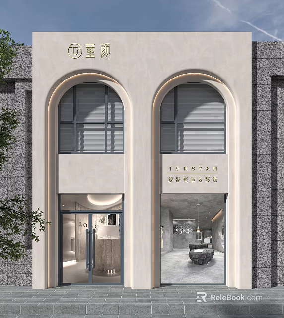 TONGFAN Beauty Salon Hair Studio With Modern Minimalist Exterior Double Arched Windows And Glass Door 3d model 