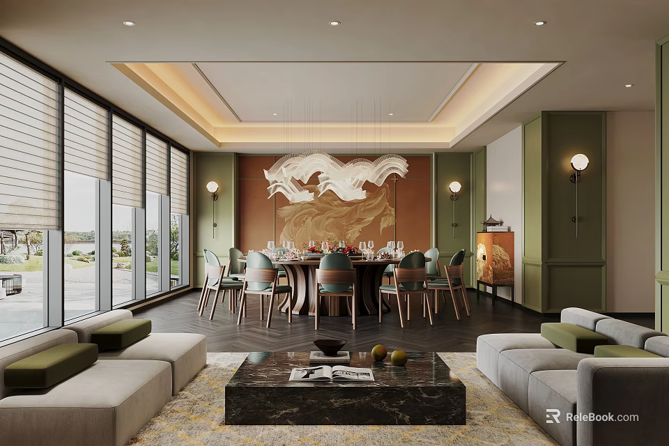 Modern Private Box with Comfortable Sofa Dining Table Chairs Large Windows and Elegant Wall Painting 3d model