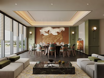 Modern Private Box with Comfortable Sofa Dining Table Chairs Large Windows and Elegant Wall Painting 3d model