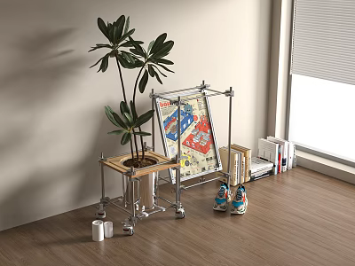 Metal And Wooden Plant Stand With Wheels Holding Potted Plant Decorative Poster And Books 3d model