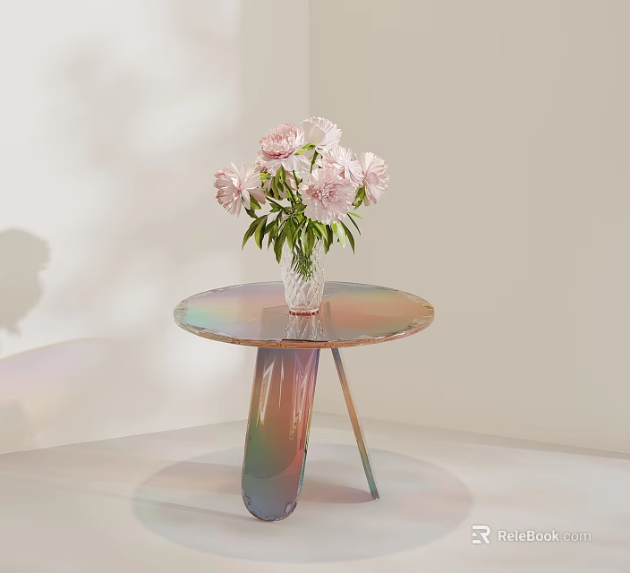 Iridescent Glass Table With Pink Peonies In Clear Vase On White Background 3d model 