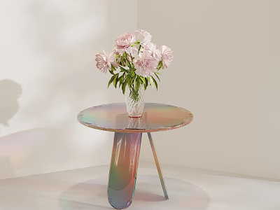 Iridescent Glass Table With Pink Peonies In Clear Vase On White Background 3d model