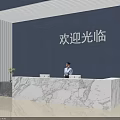 Modern Marble Reception Desk With Blue Wall Welcome Sign Receptionist And Glossy Floor