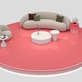 Live Stream Room Featuring Pink Circular Platform Beige Sofa White Coffee Table And Purple Flower