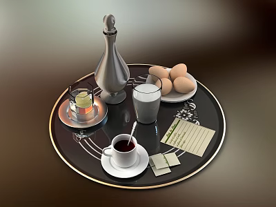 Breakfast Tableware Set on Black Gold Rim Tray with Coffee Milk Eggs Cruet Card 3d model