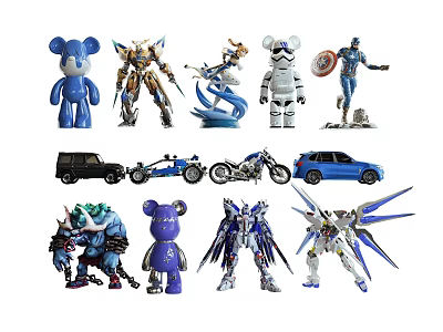 Assorted Dolls Including Robot Figures Bear Toys Car Models and Mechanical Designs 3d model
