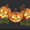 Halloween Jack o Lanterns Featuring Carved Smiling Faces Yellow Glowing Lights Green Leaves And Vines