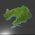 3D Terrain Map Green Land Area With Blue Surrounding Water And Grid Background