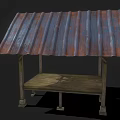 Wooden Shelter Structure With Corrugated Metal Roof Supporting Pillars And Platform Base