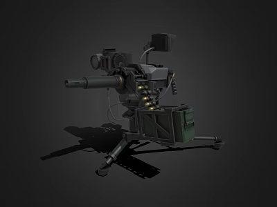 Heavy Automatic Cannon With Tripod Mount Targeting Scope Ammunition Box And Wheeled Base 3d model