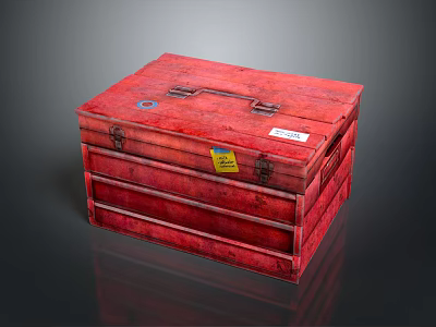 Red Wooden Storage Box With Metal Latches Yellow Label And Smooth Surface 3d model