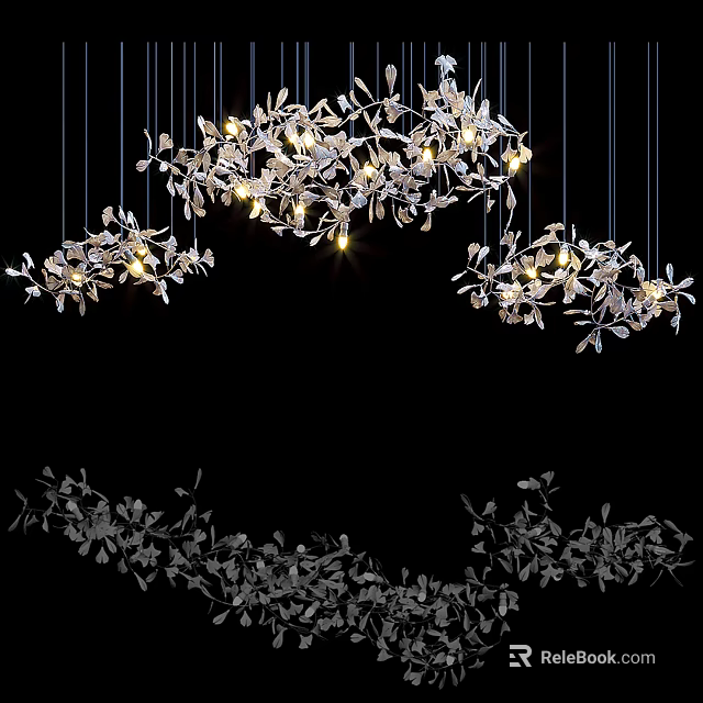 Modern Floral Chandeliers With Metallic Branch Design Hanging Illuminated And Reflections 3d model