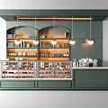 Green Bar Counter With Display Cases Desserts Coffee And Hanging Lights