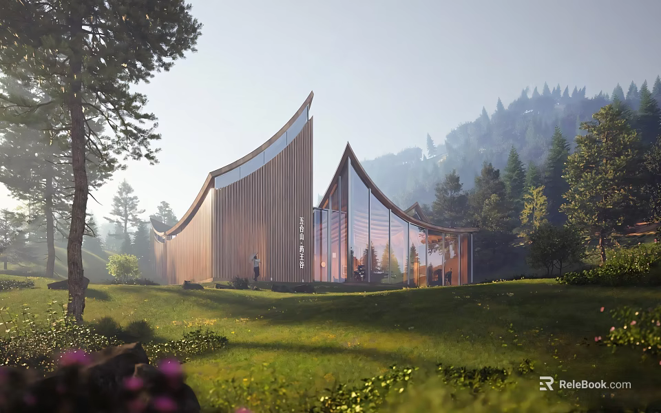 Boutique Guesthouse Building With Curved Wooden Roof Large Glass Windows And Green Lawn 3d model 