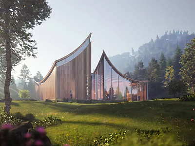 Boutique Guesthouse Building With Curved Wooden Roof Large Glass Windows And Green Lawn 3d model
