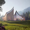 Boutique Guesthouse Building With Curved Wooden Roof Large Glass Windows And Green Lawn