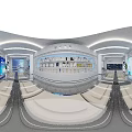 Modern Open Office Showroom With Large Screens Green Plants And Display Counters