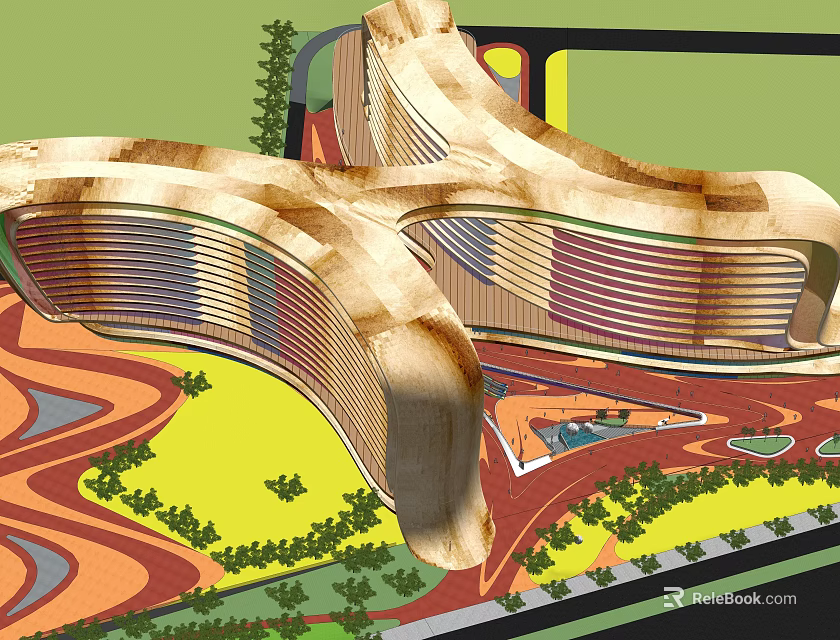 Modern Curved Office Building Design With Green Spaces And Landscaped Pathways 3d model 