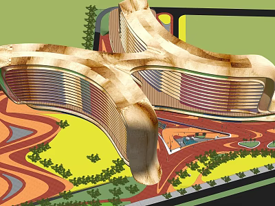 Modern Curved Office Building Design With Green Spaces And Landscaped Pathways 3d model