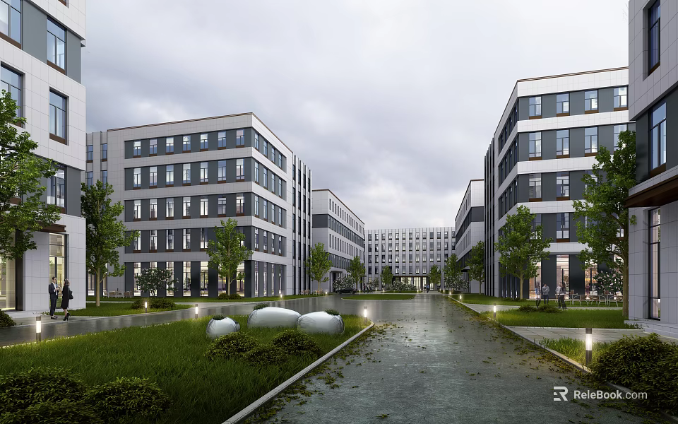 Modern Industrial Plant Building Complex With Landscaped Greenery Roads And Street Lamps 3d model 