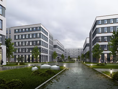 Modern Industrial Plant Building Complex With Landscaped Greenery Roads And Street Lamps 3d model