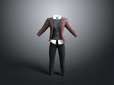 Stylish Brown Jacket With White Shirt Dark Vest And Black Pants Outfit 3d model