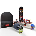 Colorful Skateboard And Sporting Equipment With Backpack Hat And Blue Ball