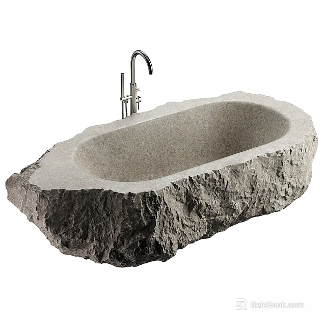 Natural Stone Bathtub With Textured Surface And Chrome Faucet Unique Design 3d model 