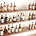 Organized Display Of Various Wine Bottles And Glasses On Wooden Shelves