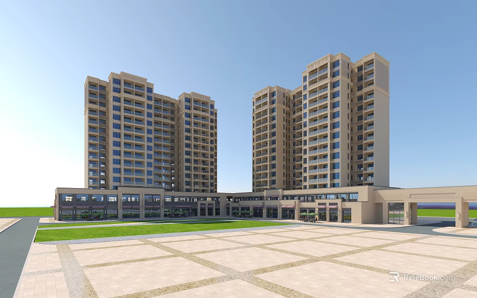 High Rise Residential Buildings With Beige Exterior Windows Front Plaza Paved Ground And Green Lawn 3d model 