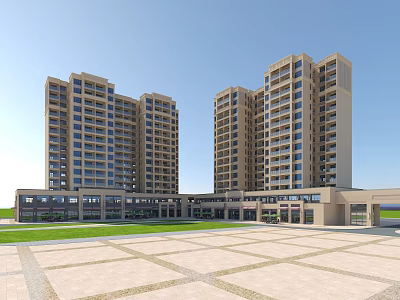 High Rise Residential Buildings With Beige Exterior Windows Front Plaza Paved Ground And Green Lawn 3d model