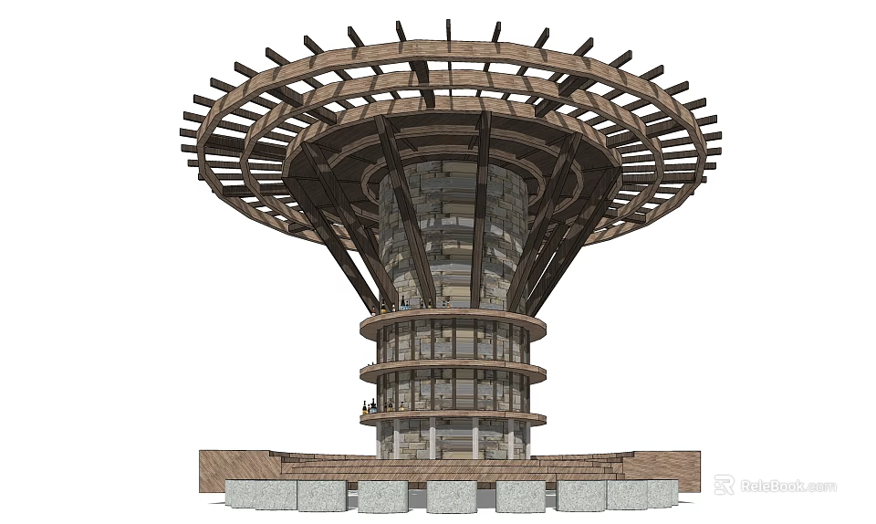 Wooden Circular Pergola Featuring Multi layer Design With Top Structure And Stone Pedestal Base 3d model