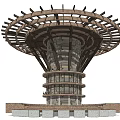 Wooden Circular Pergola Featuring Multi layer Design With Top Structure And Stone Pedestal Base 3d model