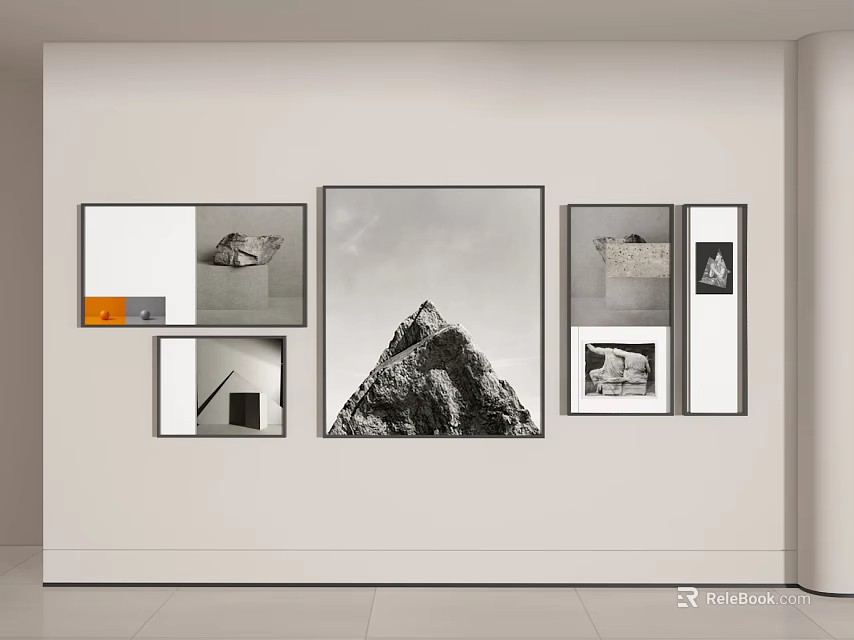 Contemporary Wall Art Display With Framed Pictures Including Black White Mountain And Small Prints 3d model 