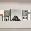 Contemporary Wall Art Display With Framed Pictures Including Black White Mountain And Small Prints